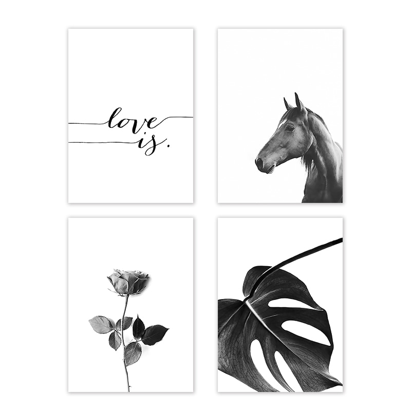 Black and White Horse Flower Wall Art